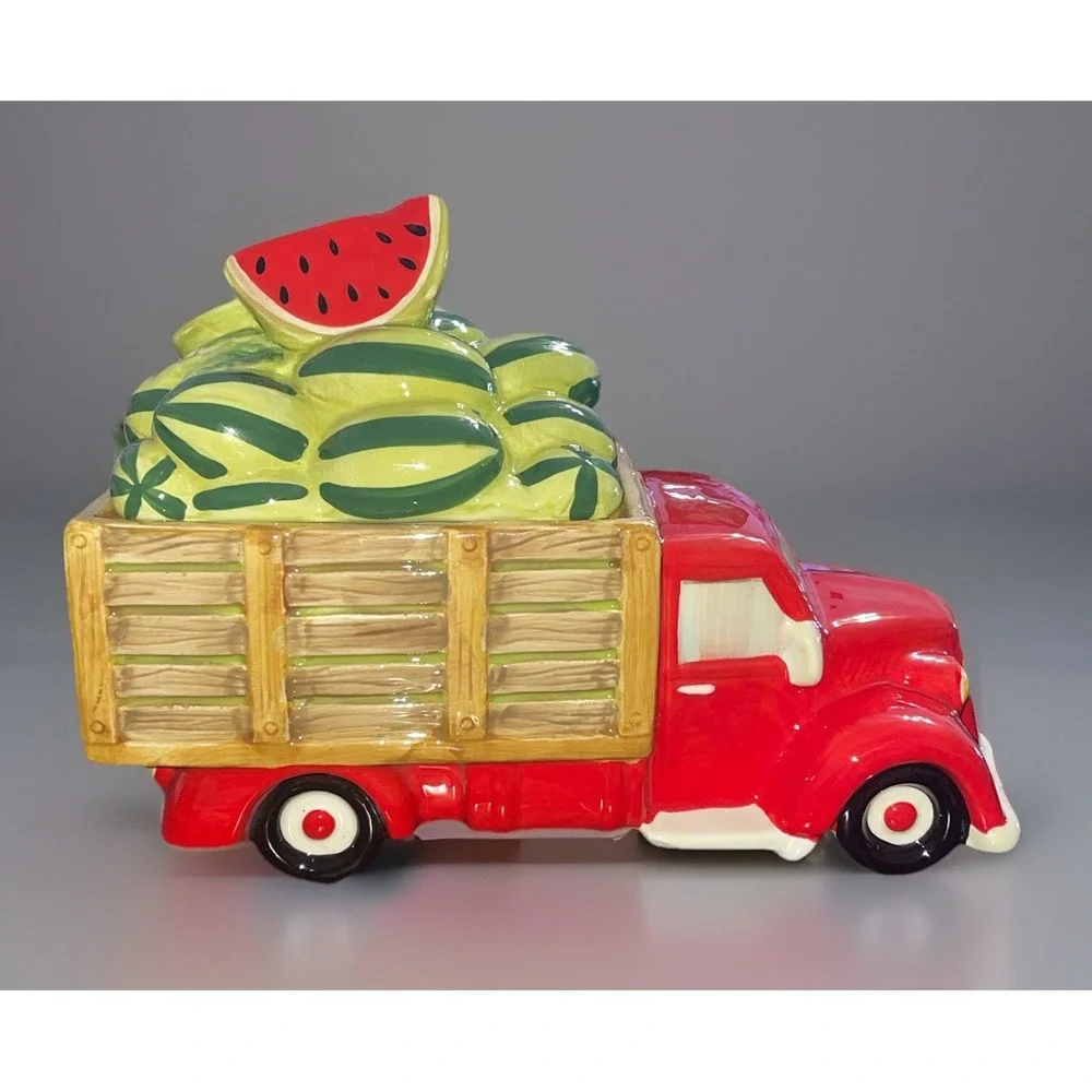 Vtg Pier 1 Imports Handpainted Watermelon Truck‎ Cookie Jar Red 10
